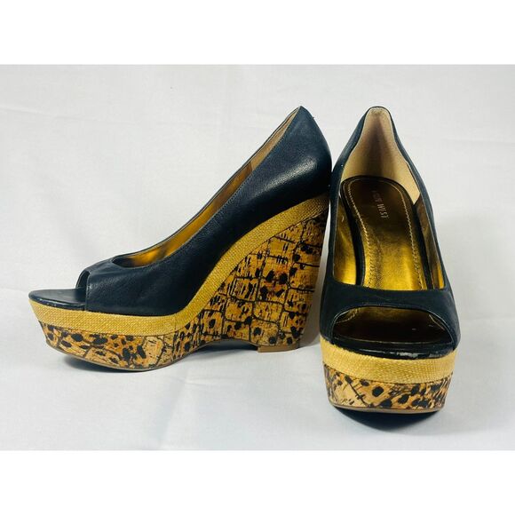 Nine West Matchup Women's Leather & Cork Wedge Heel 10 Leopard - Picture 1 of 8